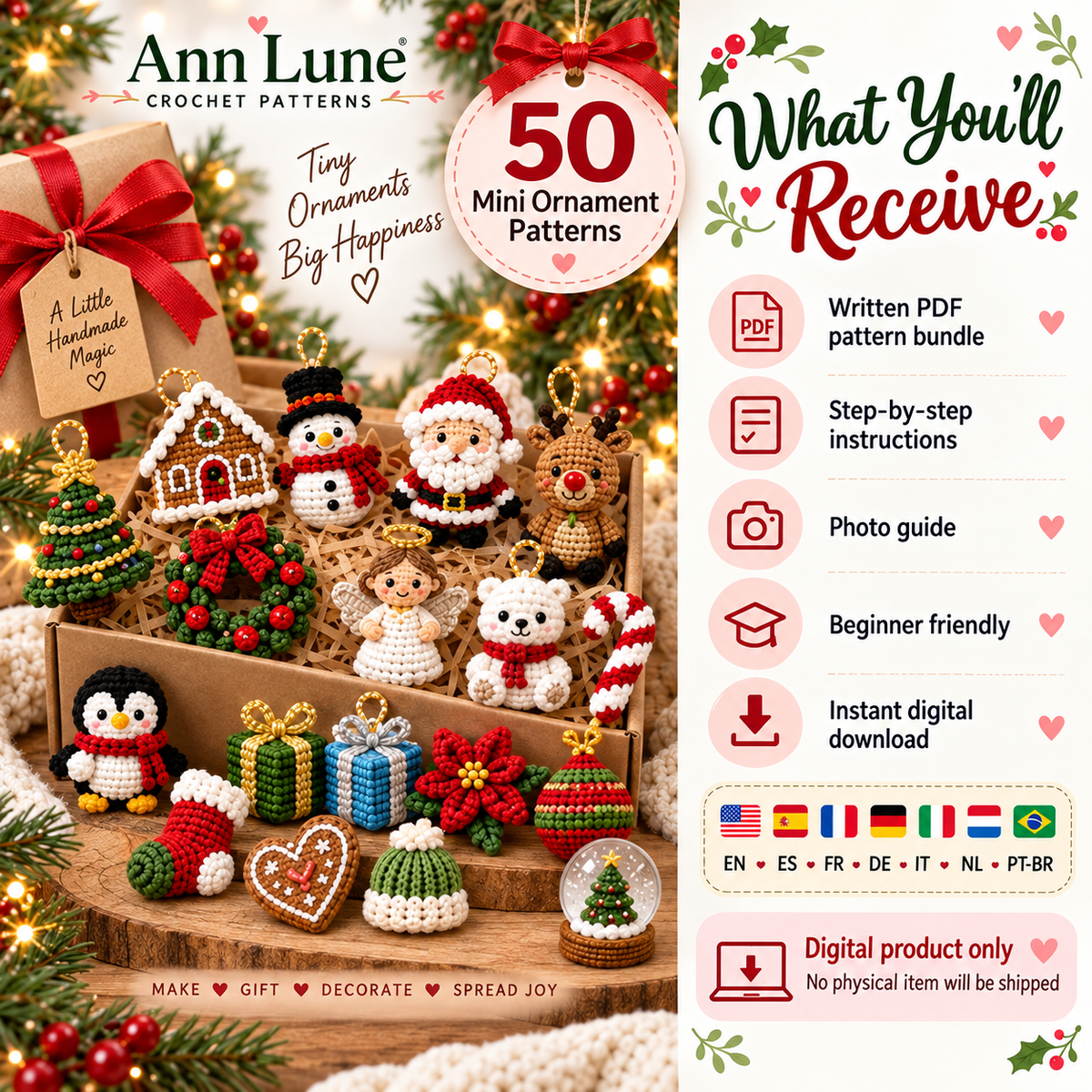 50 Christmas Crochet Ornament Patterns Bundle PDF – Mini Holiday Amigurumi Decorations