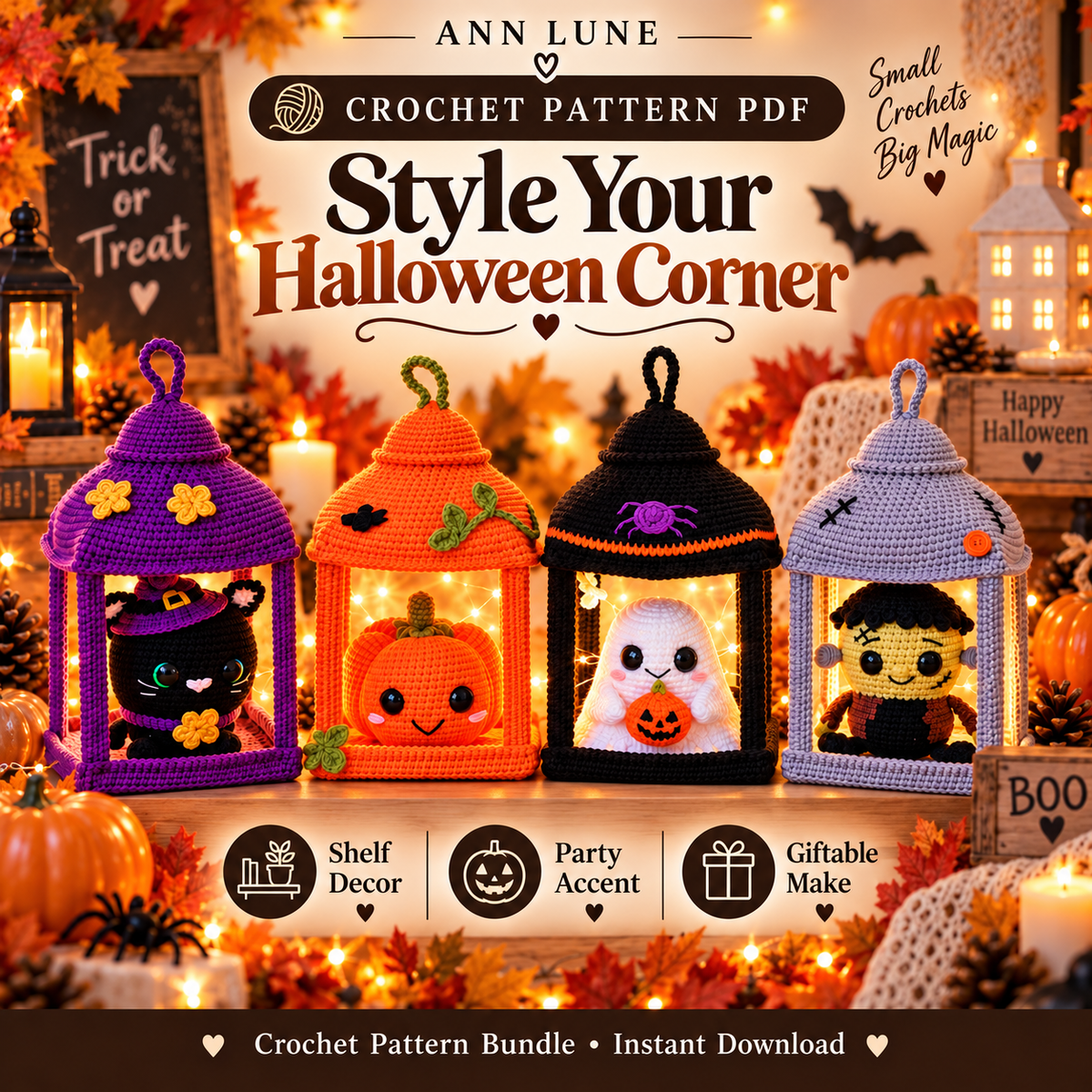 Halloween Crochet Lantern Pattern Bundle PDF – 4 Spooky Amigurumi Designs