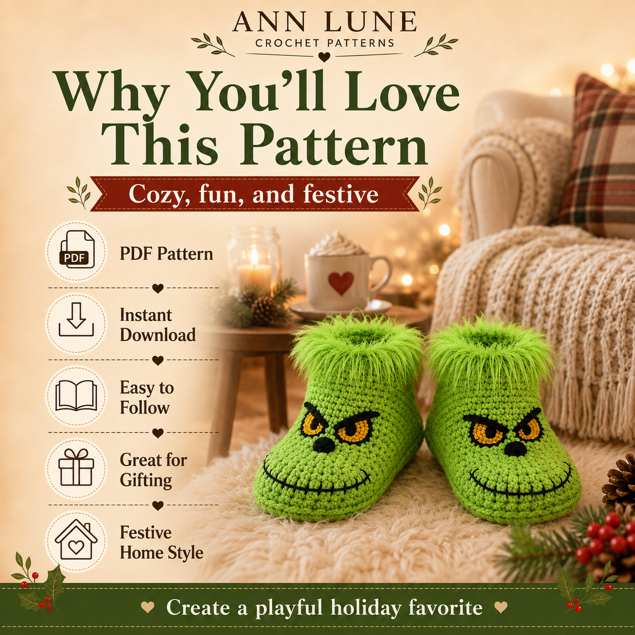 Green Christmas Slippers Crochet Pattern PDF – Cozy Holiday House Slippers