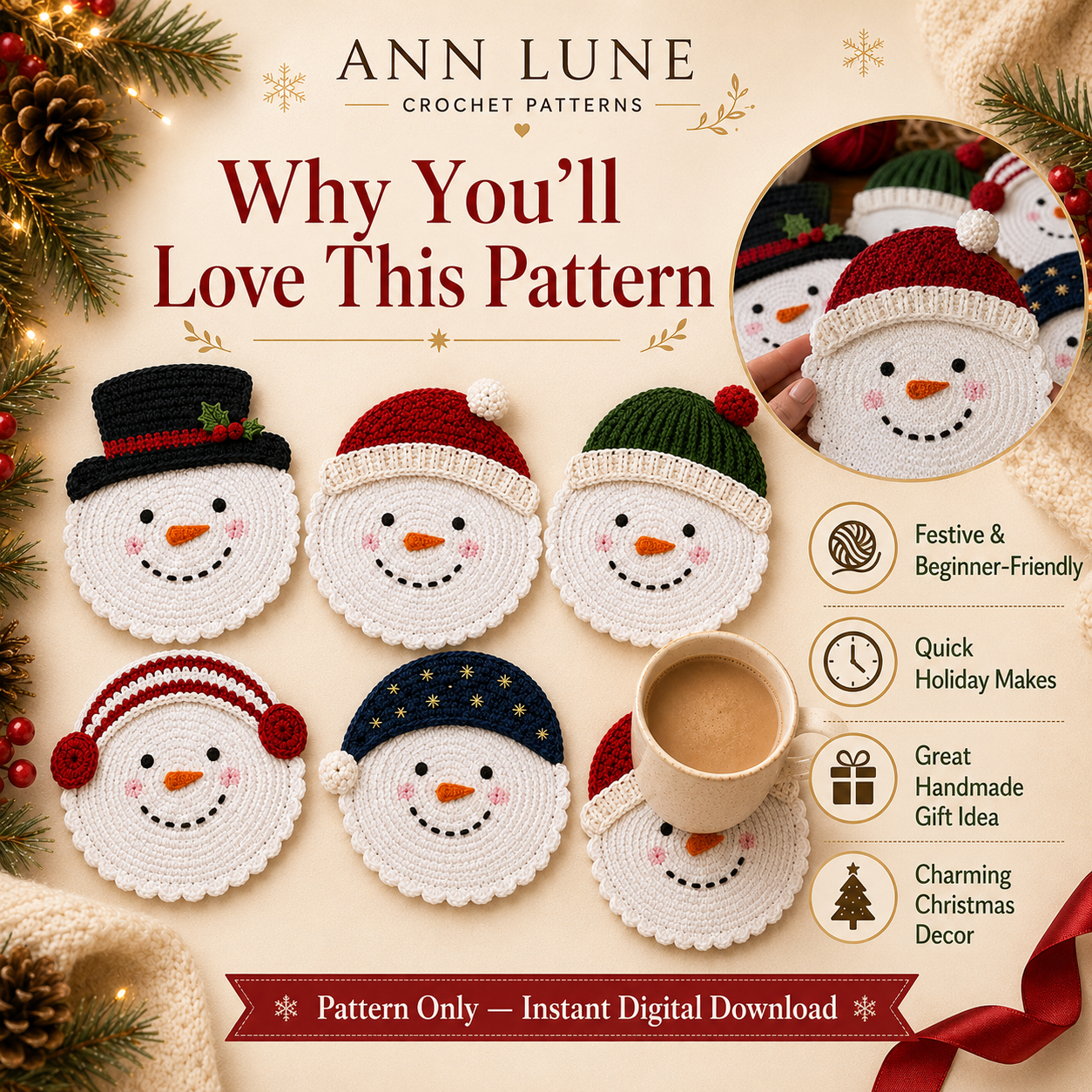 Snowman Coaster Set Crochet Pattern PDF – 5 Christmas Mug Rug Designs