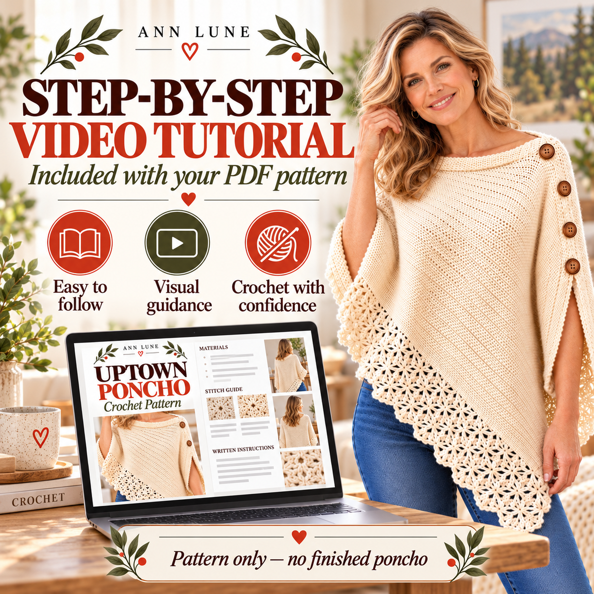 Uptown Poncho Crochet Pattern PDF – Lace Trim Button Poncho