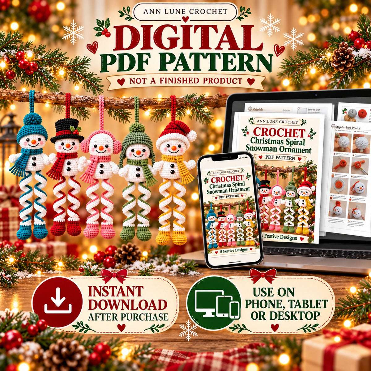 Christmas Spiral Snowman Ornament Crochet Pattern PDF | 5 Festive Snowman Designs