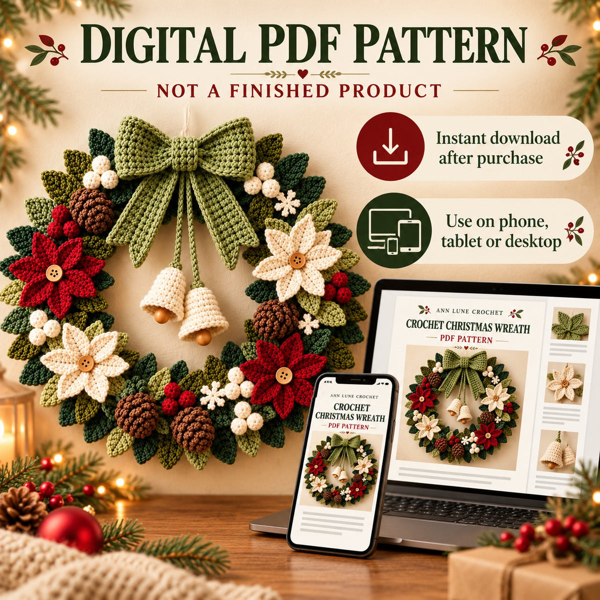 Crochet Christmas Wreath Pattern PDF | Festive Holiday Wreath Crochet Pattern