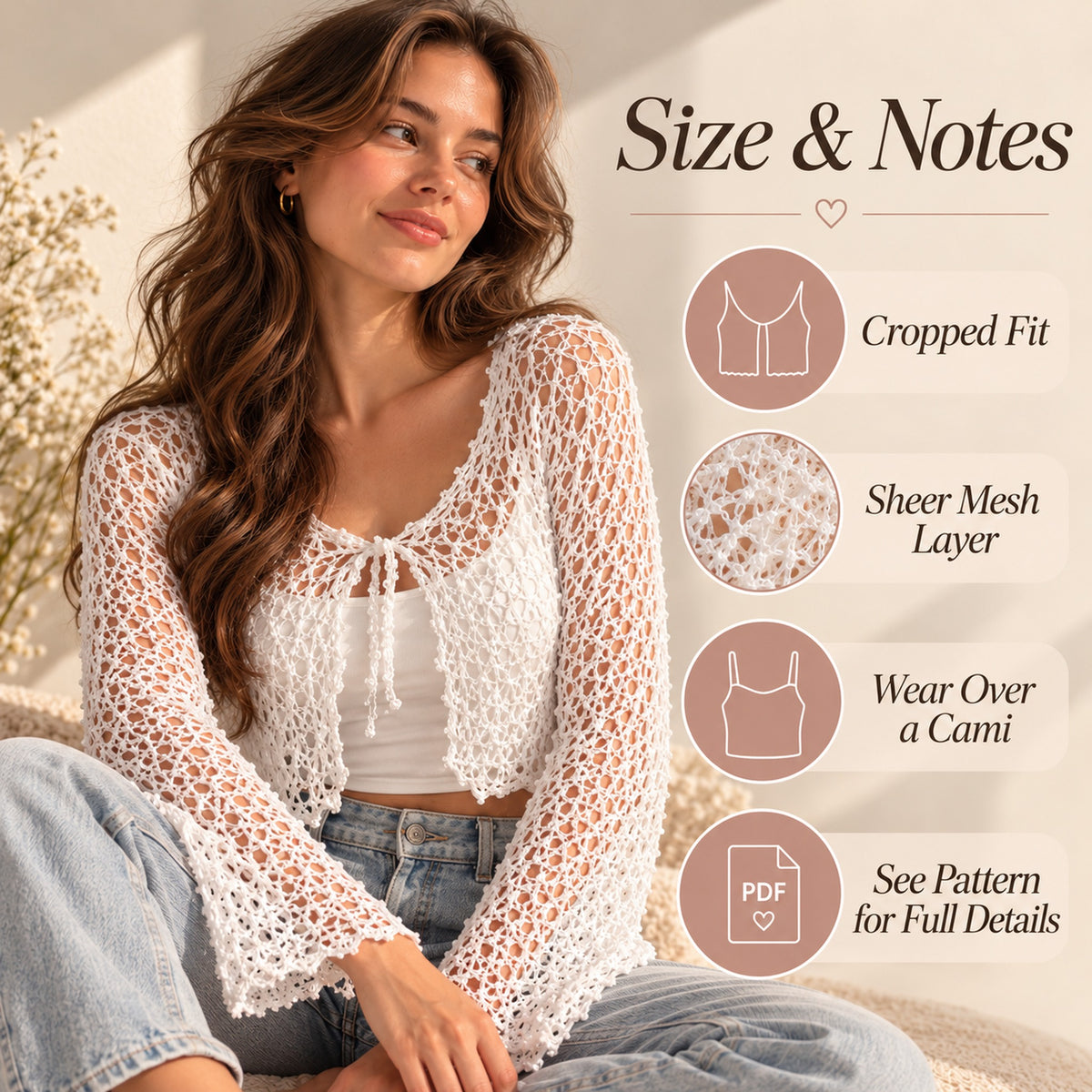Crochet Mesh Tie-Front Cardigan Pattern PDF – Bell Sleeve Top
