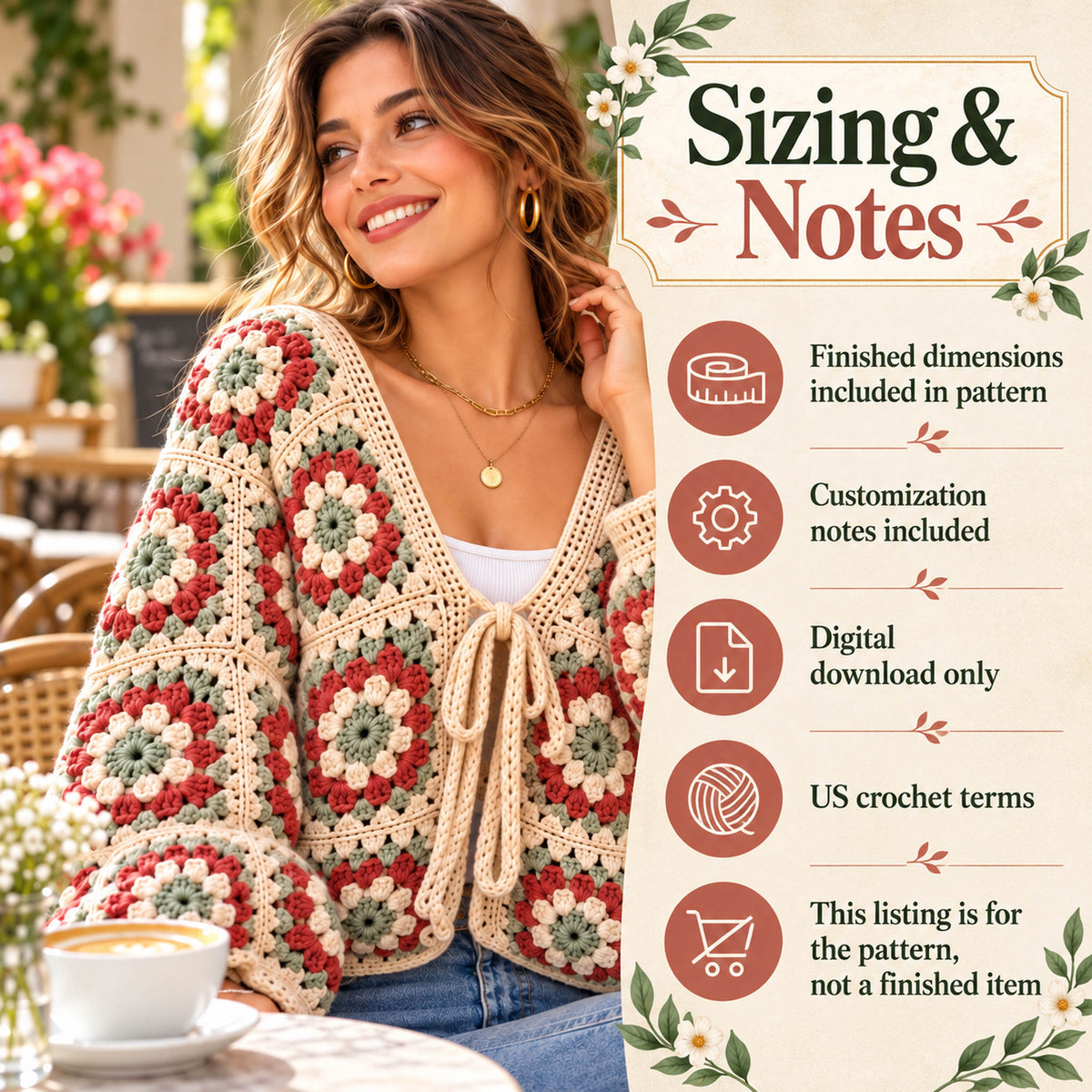 Floral Granny Square Cardigan Crochet Pattern PDF