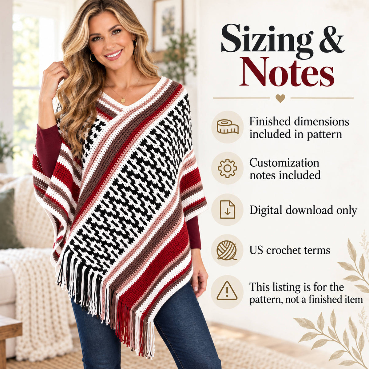 Houndstooth Fringe Poncho Crochet Pattern PDF