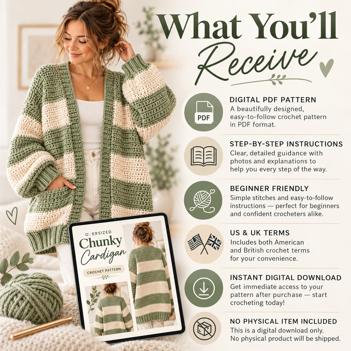 Oversized Chunky Cardigan Crochet Pattern PDF – Striped Cozy Cardigan