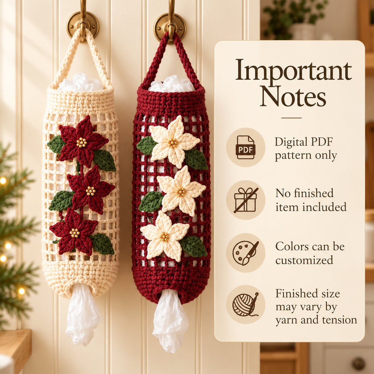 Poinsettia Crochet Bag Holder Pattern PDF – Christmas Kitchen Organizer
