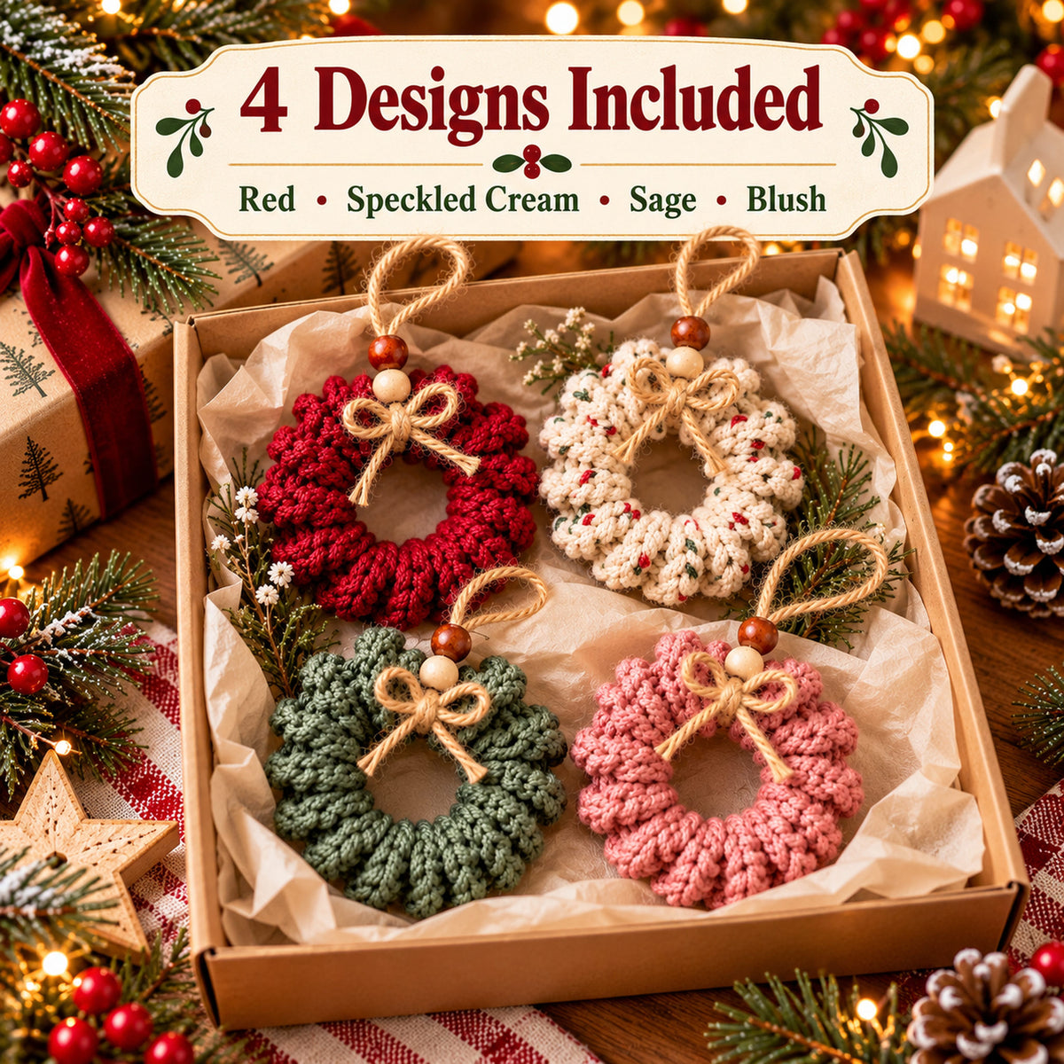 Mini Christmas Wreath Ornament Crochet Pattern PDF – Holiday Decor