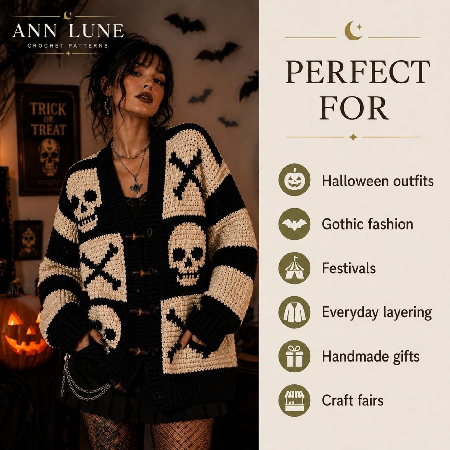 Skull Patchwork Cardigan Crochet Pattern PDF, Gothic Halloween Granny Square Sweater, 3 Languages