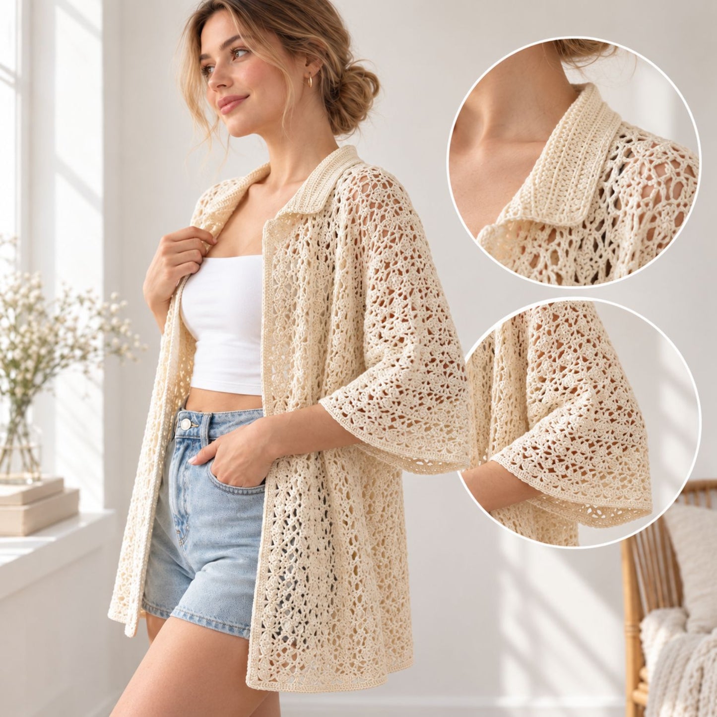 Crochet PDF Pattern | Made-to-Measure Lace Mesh Cardigan | Openwork Shirt Step-by-Step Tutorial