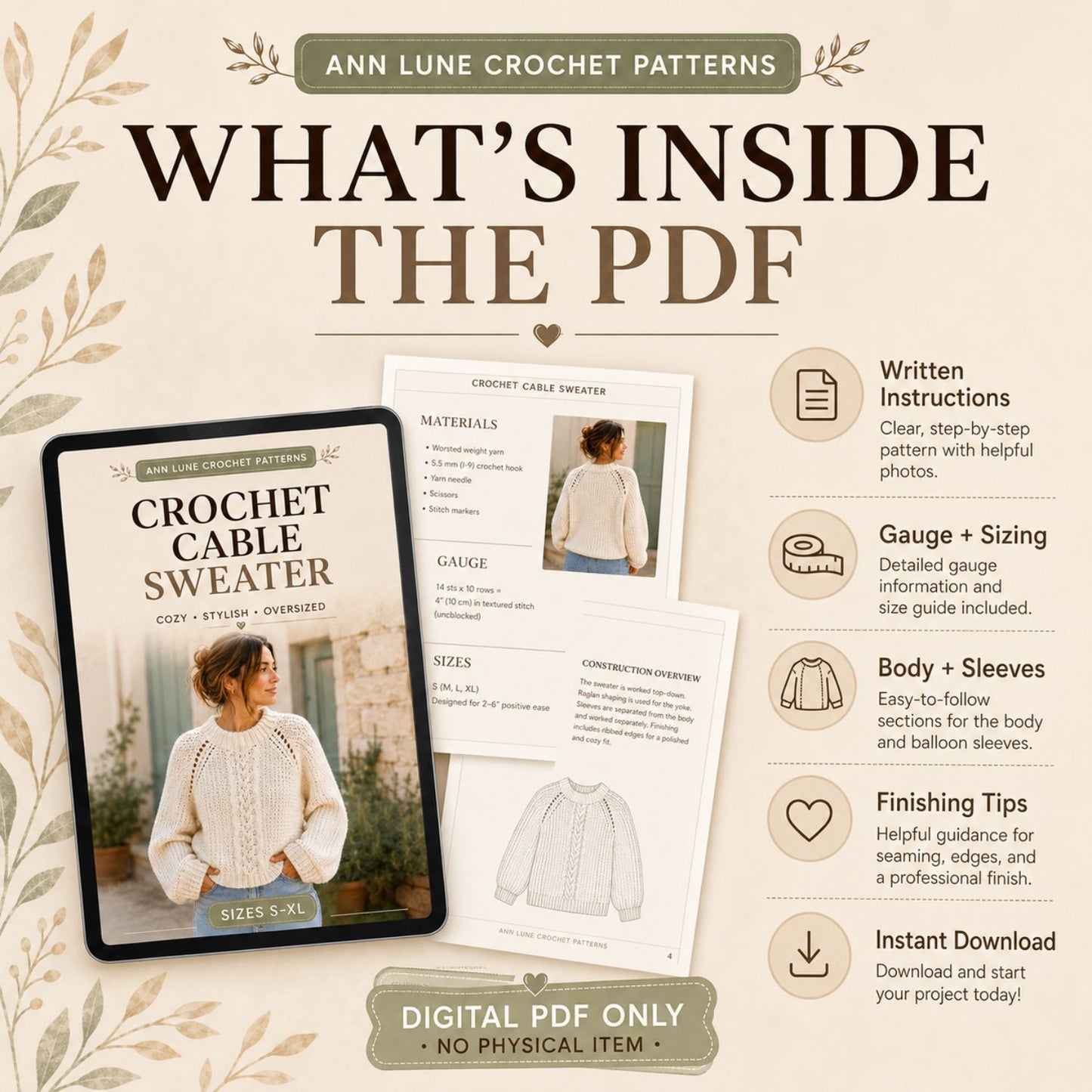 Crochet Cable Sweater Pattern PDF – Oversized Textured Pullover with Balloon Sleeves, Sizes S–XL