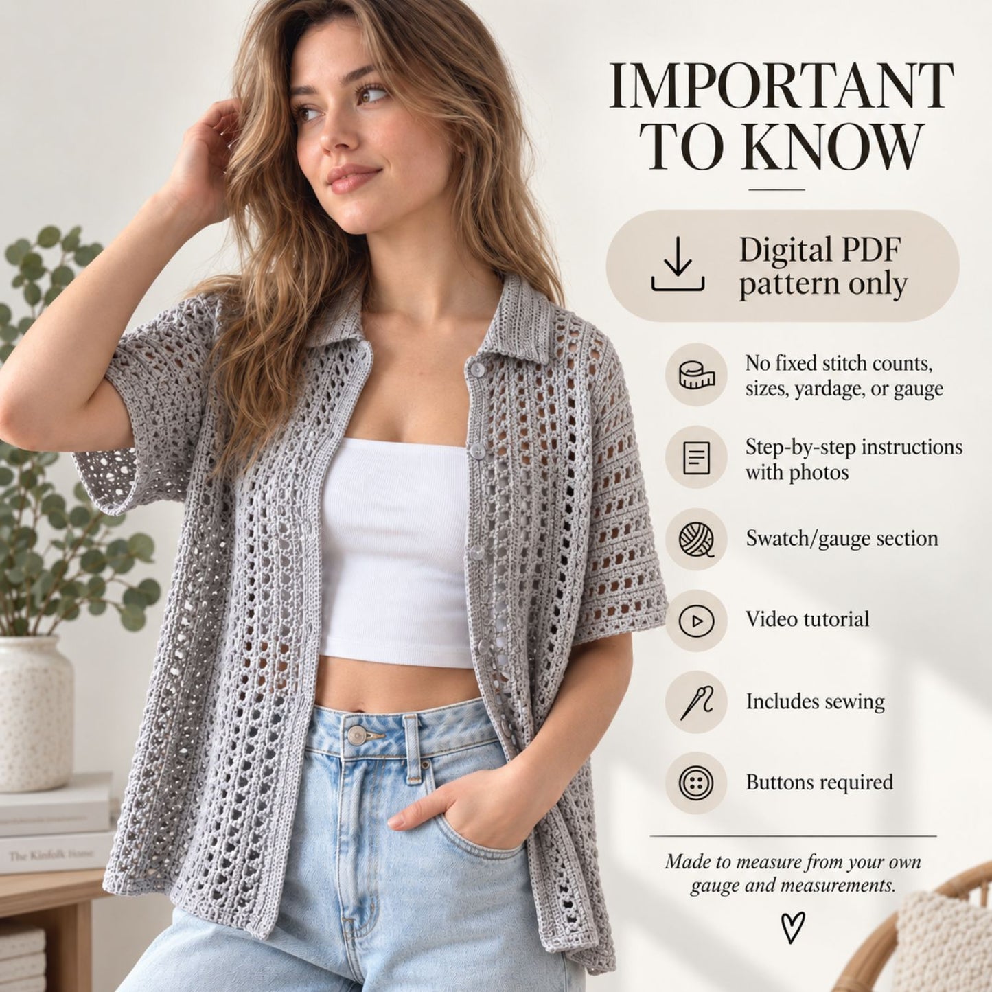 Made-to-Measure Lace Crochet Shirt Pattern PDF – Button-Up Mesh Cardigan, Beginner-Friendly Crochet Top