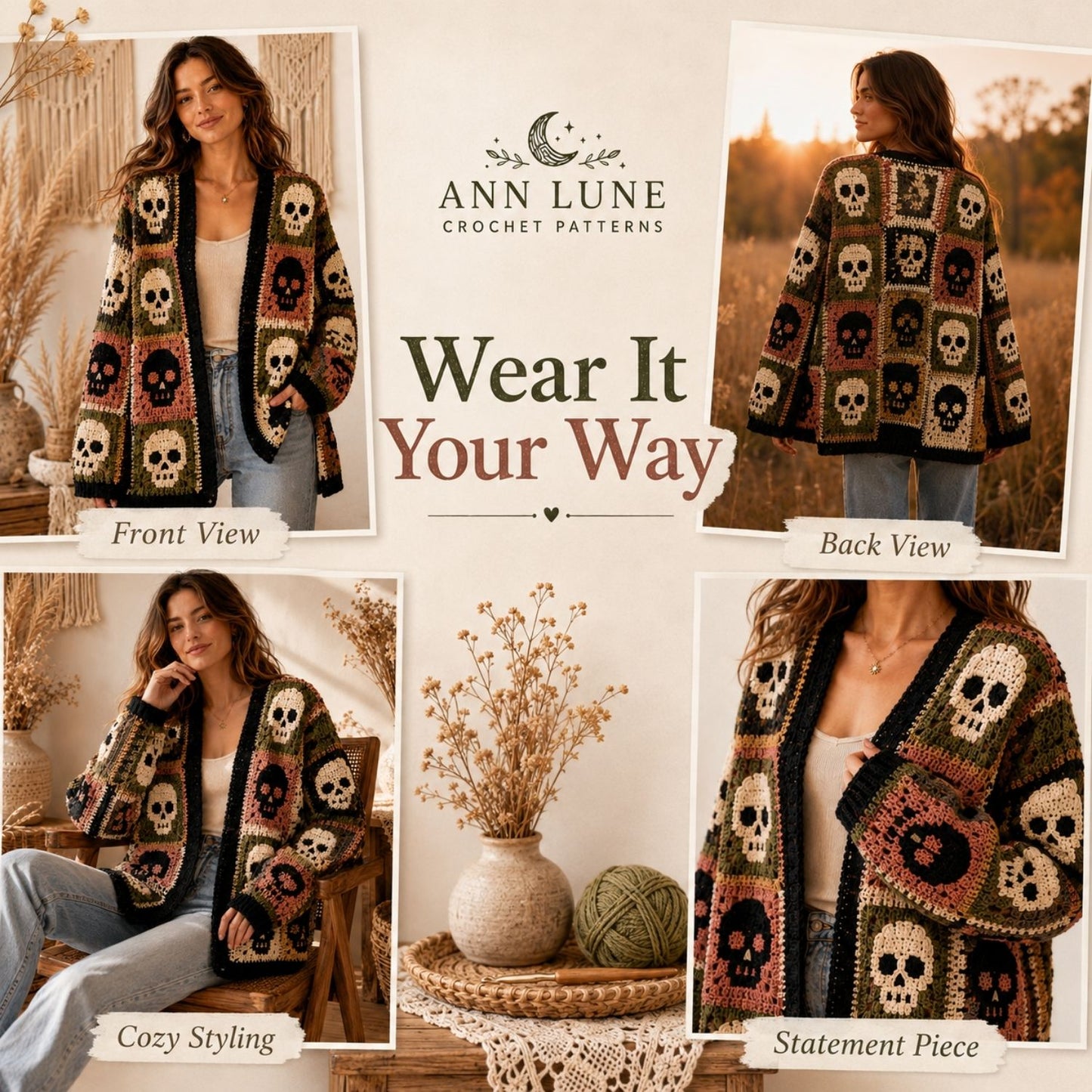Skull Patchwork Cardigan Crochet Pattern PDF, Gothic Granny Square Sweater Pattern, Sizes XS–5XL