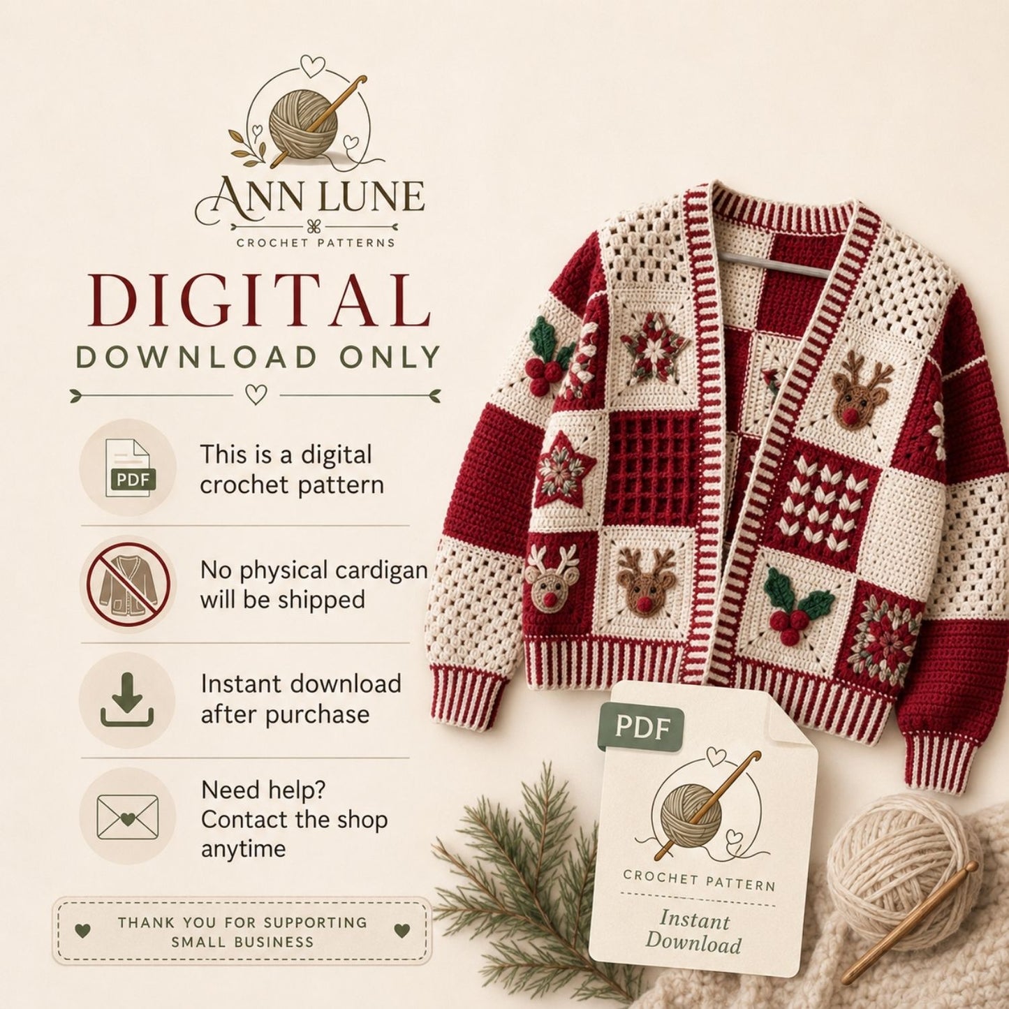 Christmas Patchwork Cardigan Crochet Pattern PDF, Holiday Granny Square Sweater Pattern, Reindeer & Holly Cardigan, Sizes XS–5XL