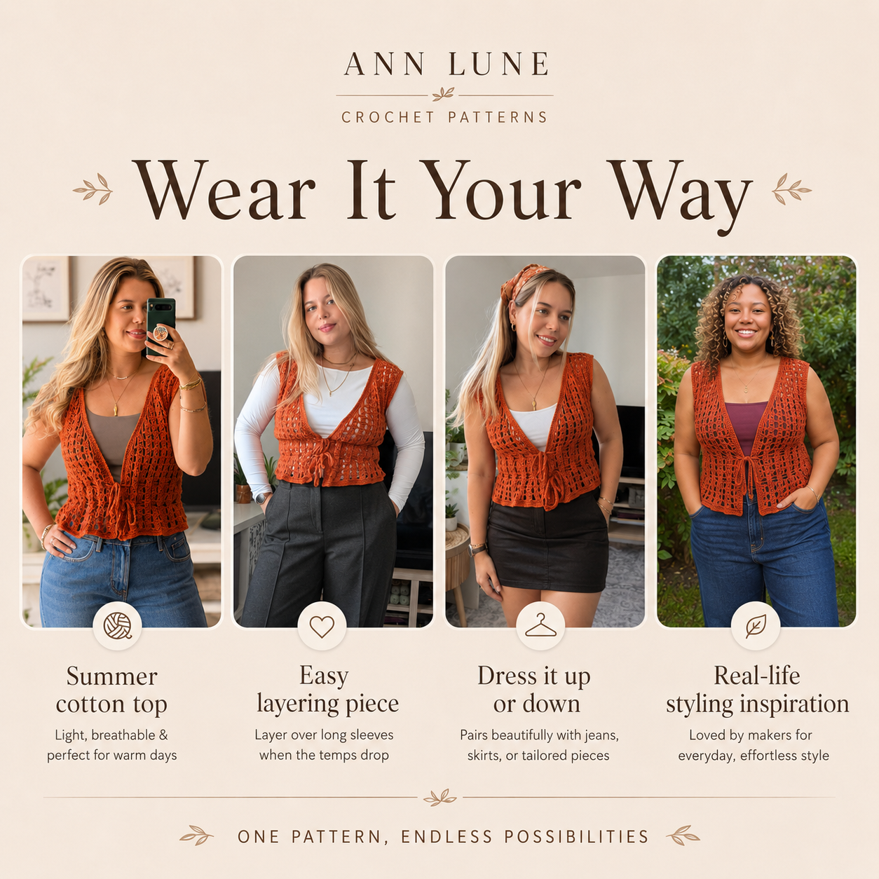 Made-to-Measure Crochet Vest Pattern PDF, Tie Front Mesh Top, Custom Size Crochet Pattern