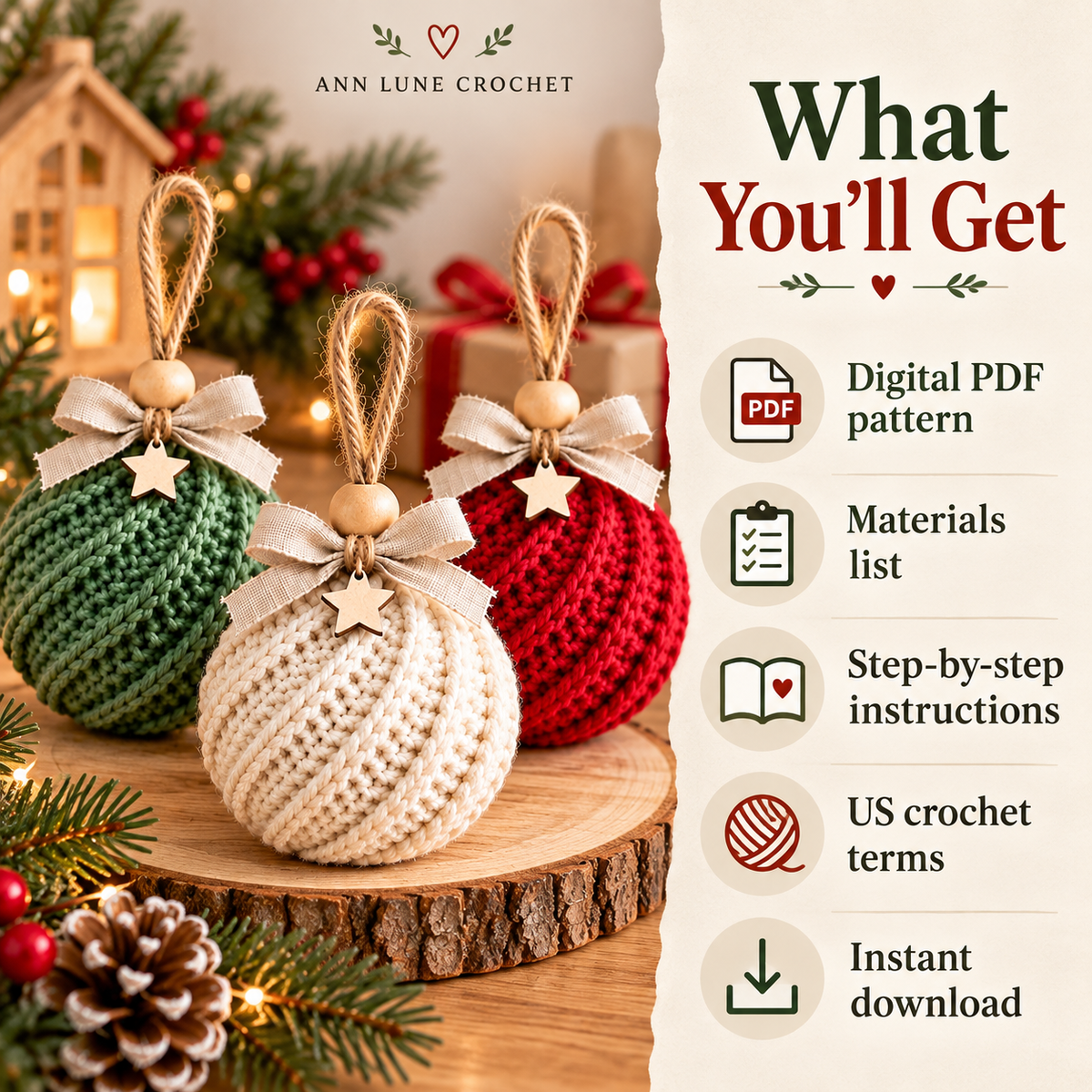 Christmas Ornament Crochet Pattern Bundle – 3 Festive Baubles PDF