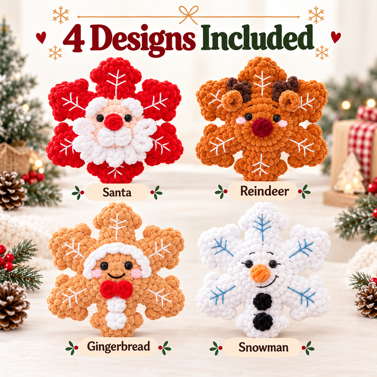4-in-1 Christmas Snowflake Crochet Pattern Bundle – No-Sew PDF