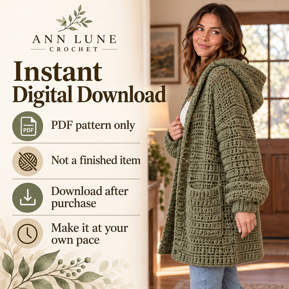 Chunky Hooded Cardigan Crochet Pattern – Oversized Cozy Sweater PDF