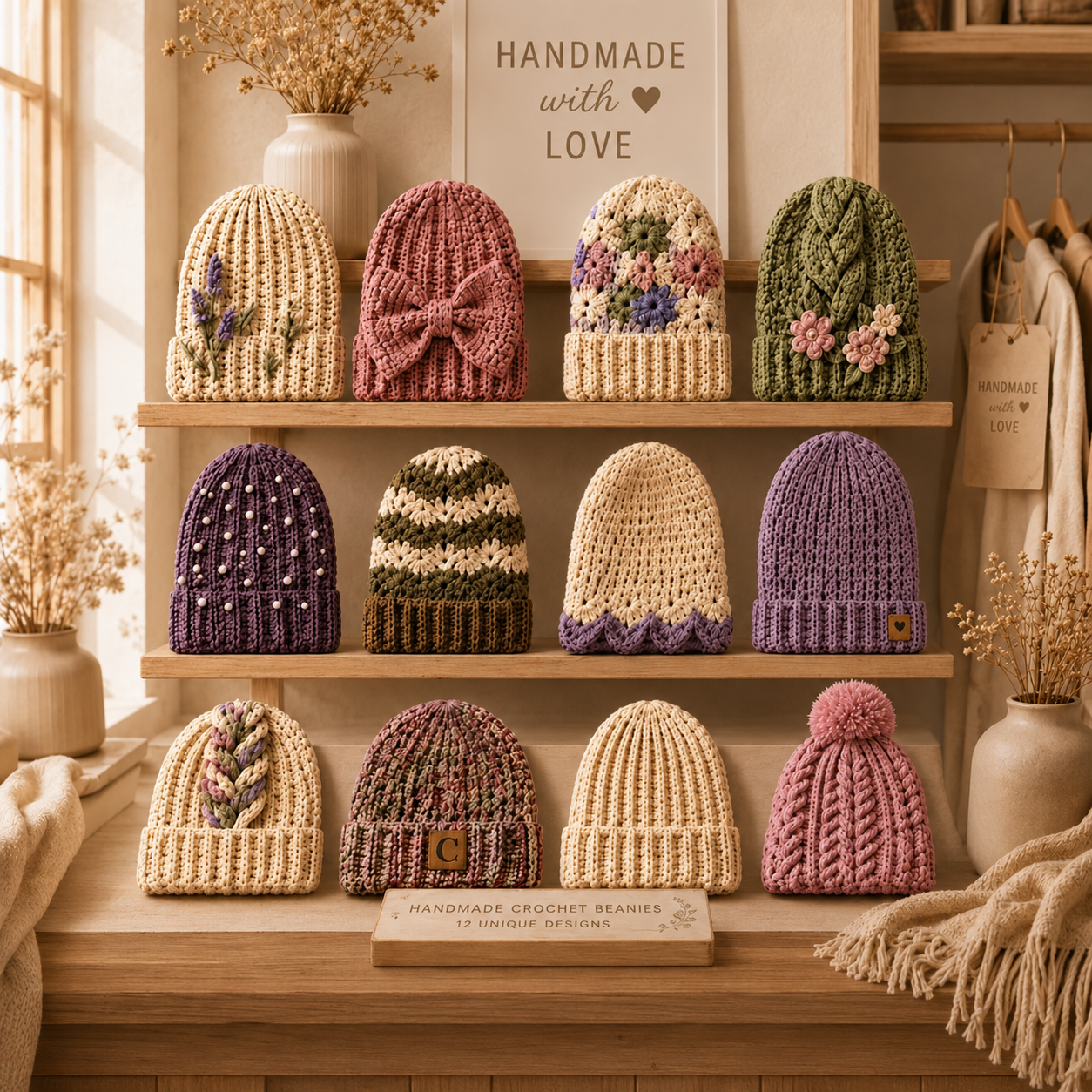 12 Crochet Beanie Patterns Bundle PDF, Modern Winter Hat Tutorials, Chunky, Floral & Ribbed Beanies, Instant Download