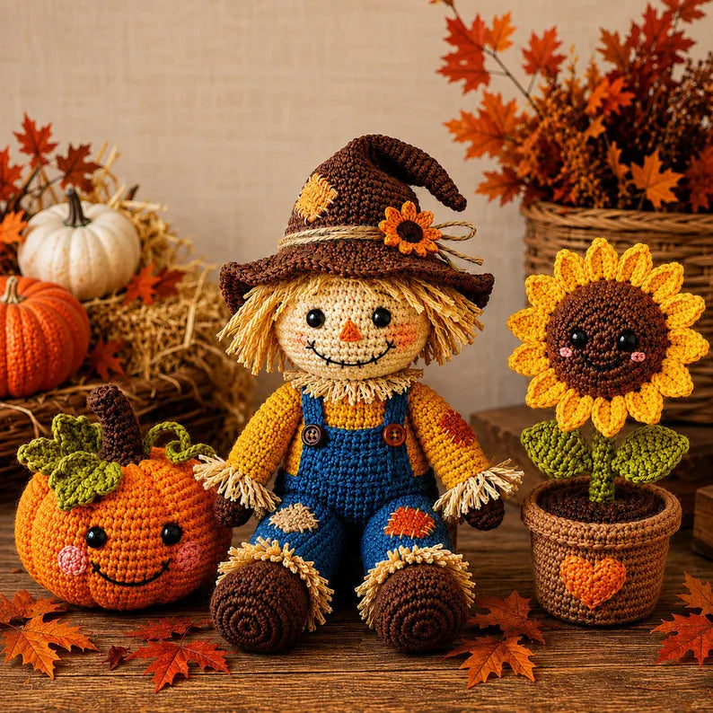 Crochet Scarecrow Doll with Pumpkin and Sunflower, Handmade Fall Decor, Autumn Home Decoration, PDF