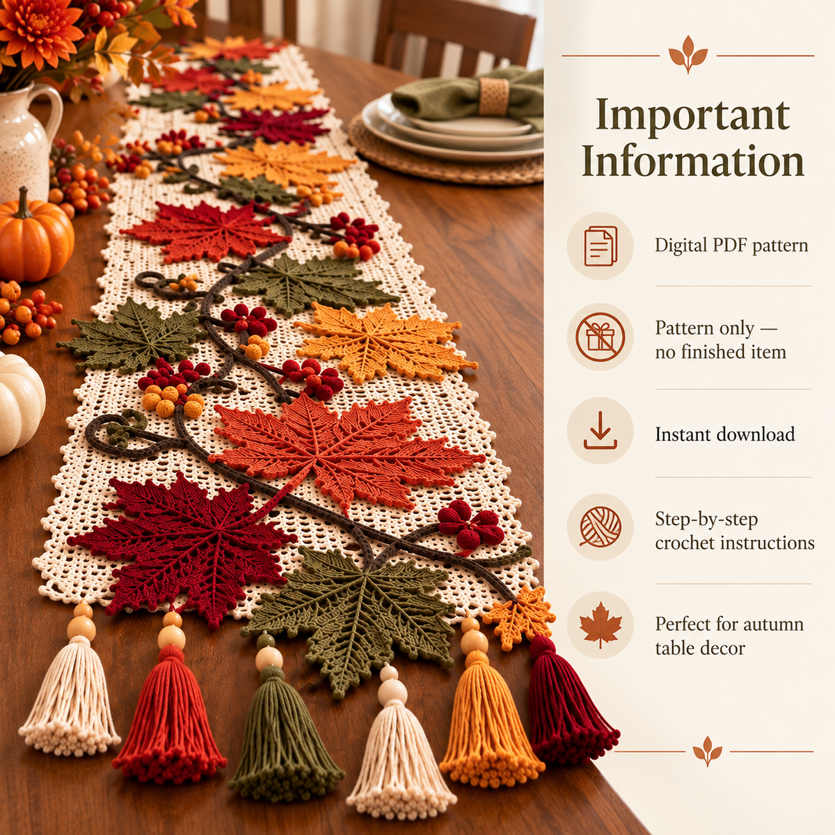 Autumn Maple Leaf Table Runner Crochet Pattern PDF – Fall Home Decor