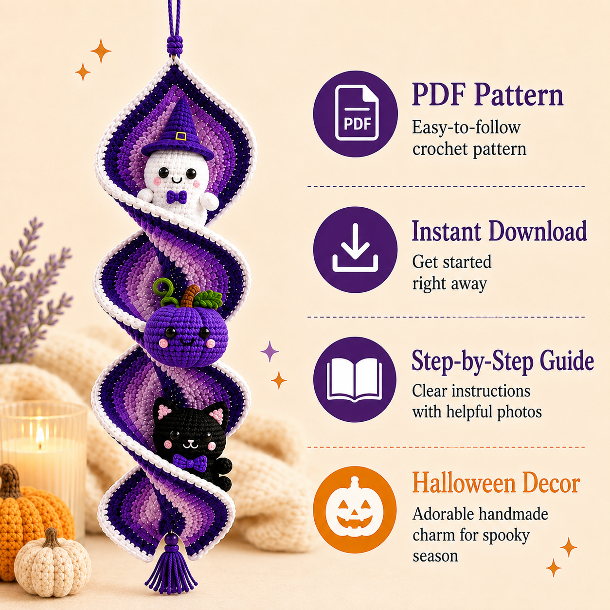 Halloween Crochet Spiral Wind Spinner Pattern PDF, Ghost Pumpkin Cat Amigurumi Spooky Hanging Decor Tutorial