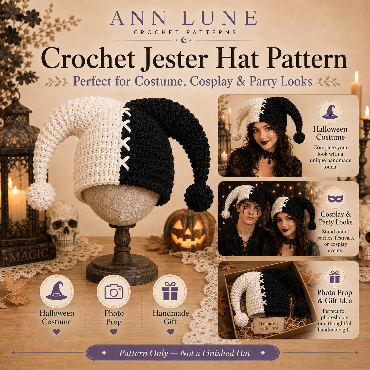 Black & White Jester Hat Crochet Pattern PDF – Halloween Costume Hat, Cosplay Crochet Pattern