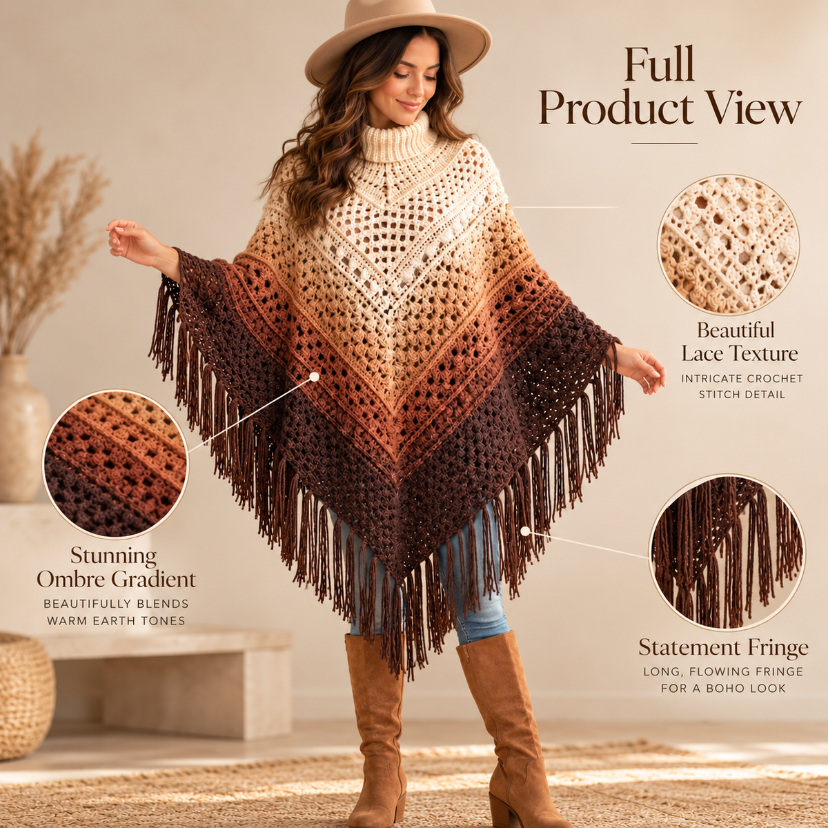 Ombre Fringe Poncho Crochet Pattern – Turtleneck Lace Poncho PDF Pattern