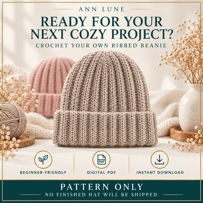 Crochet Beanie Pattern Beginner, Ribbed Hat Crochet Pattern PDF, Easy Winter Beanie DIY, Handmade Gift Crochet Hat, Stretchable Beanie