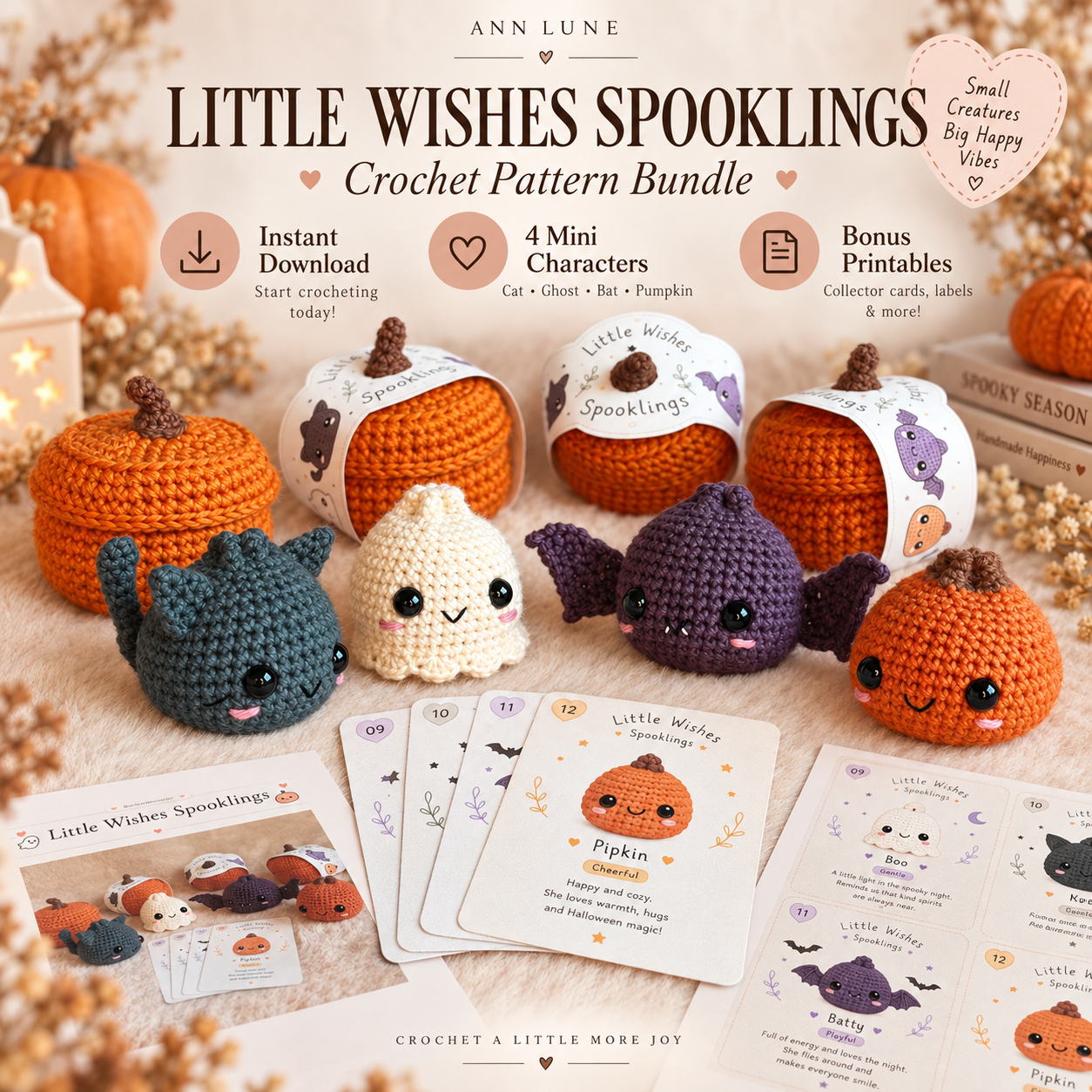 Halloween Crochet Pattern Bundle PDF | 4 Mini Amigurumi Spooklings + Pumpkin Box