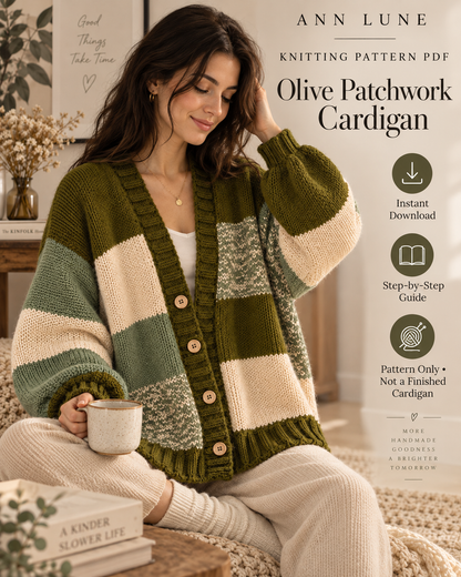 Olive Patchwork Cardigan Knitting Pattern PDF – Oversized Color Block Cardigan