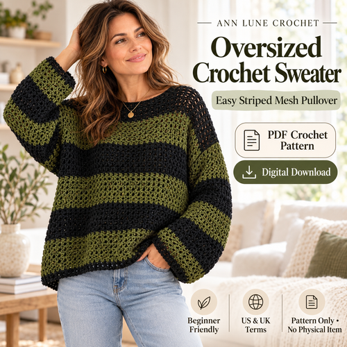 Oversized Crochet Sweater Pattern PDF | Striped Mesh Pullover