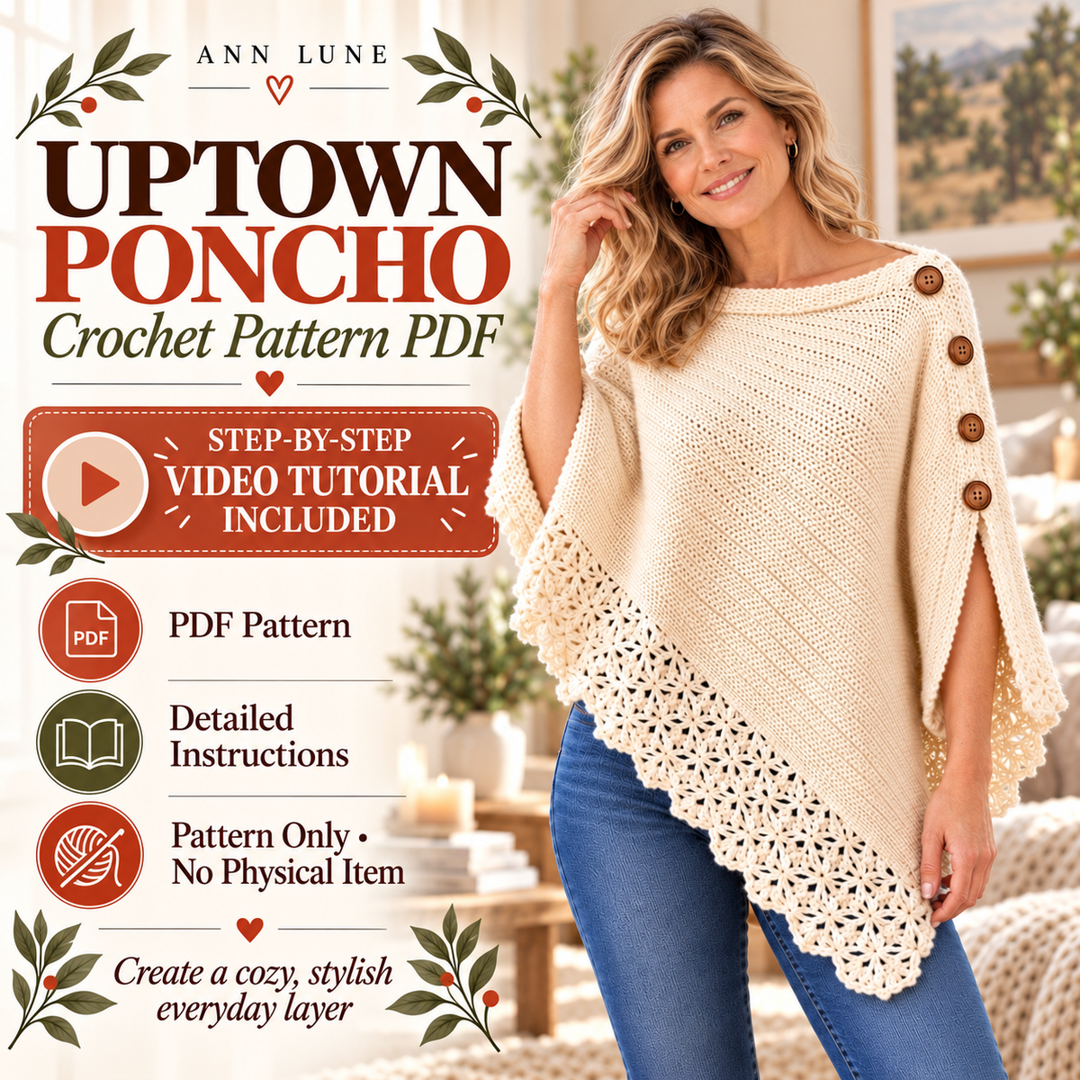 Uptown Poncho Crochet Pattern PDF – Lace Trim Button Poncho