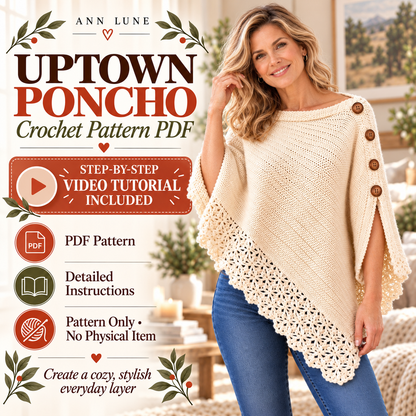 Uptown Poncho Crochet Pattern PDF – Lace Trim Button Poncho