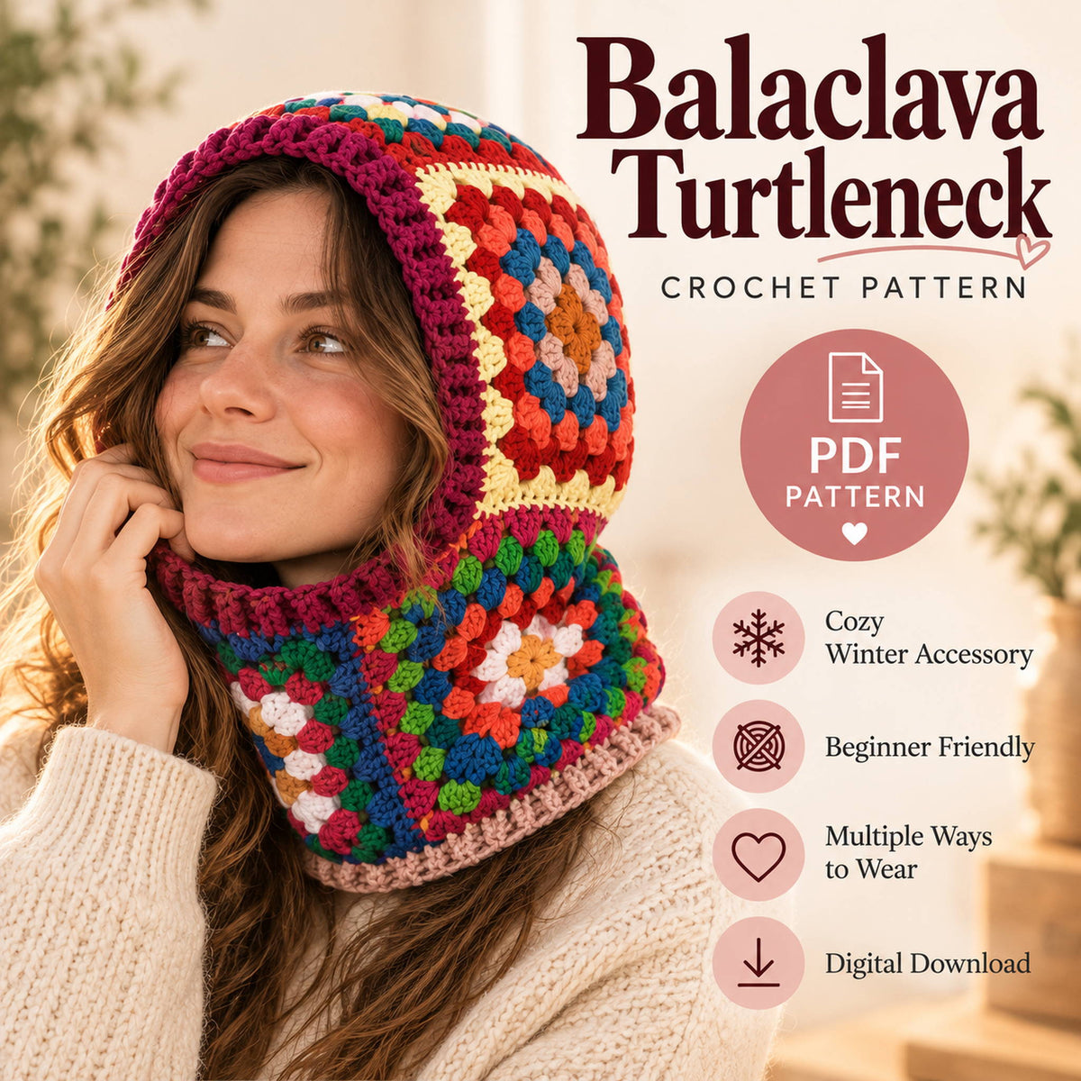 Multicolored Granny Square Balaclava Crochet Pattern PDF
