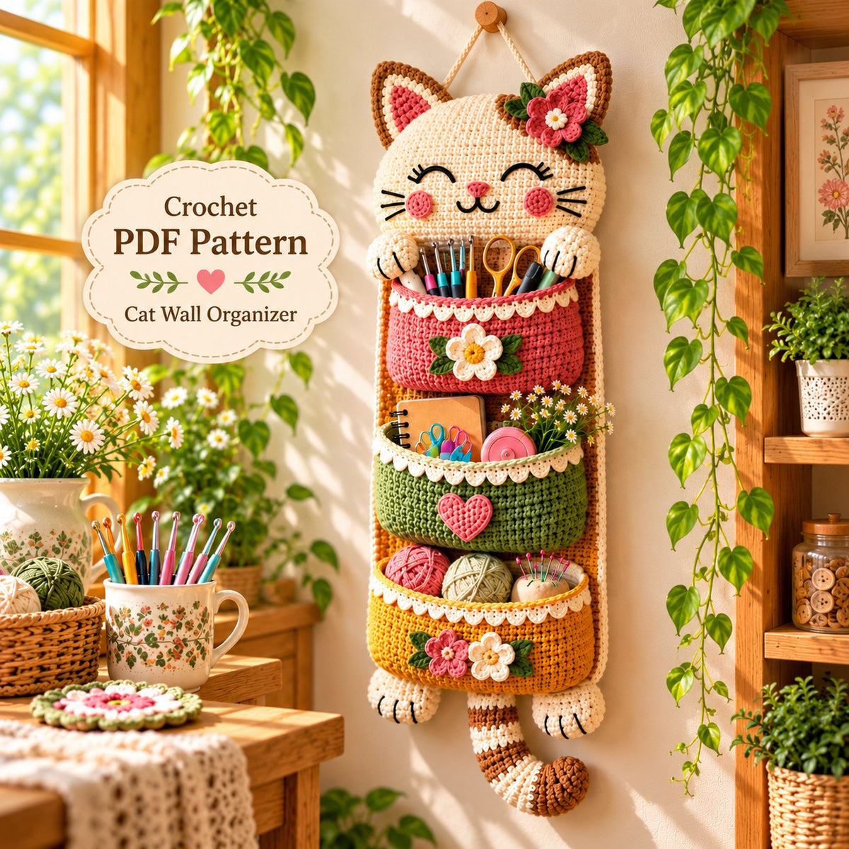 Cat Wall Organizer Crochet Pattern PDF – 3-Pocket Hanging Storage