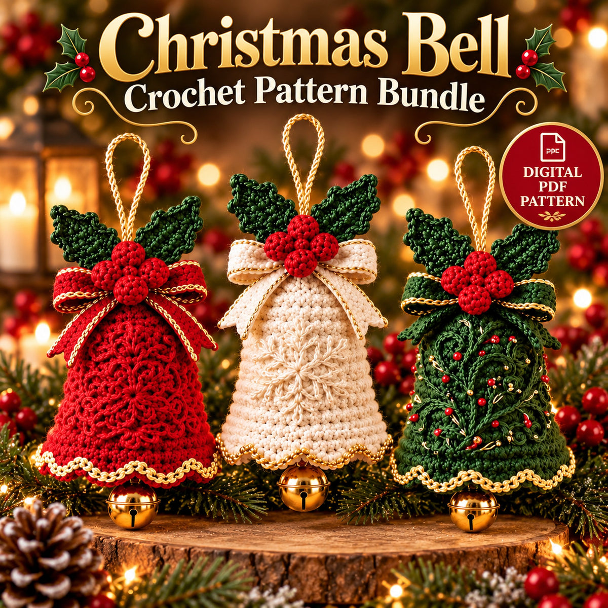 Christmas Bell Ornament Crochet Pattern Bundle – 3 Designs PDF