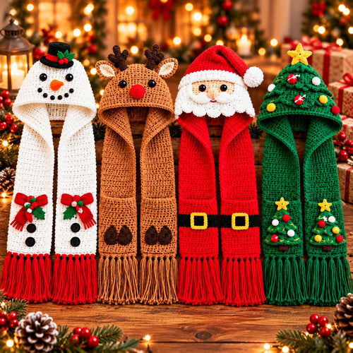 Christmas Hooded Scarf Crochet Pattern Bundle – 4 Designs PDF