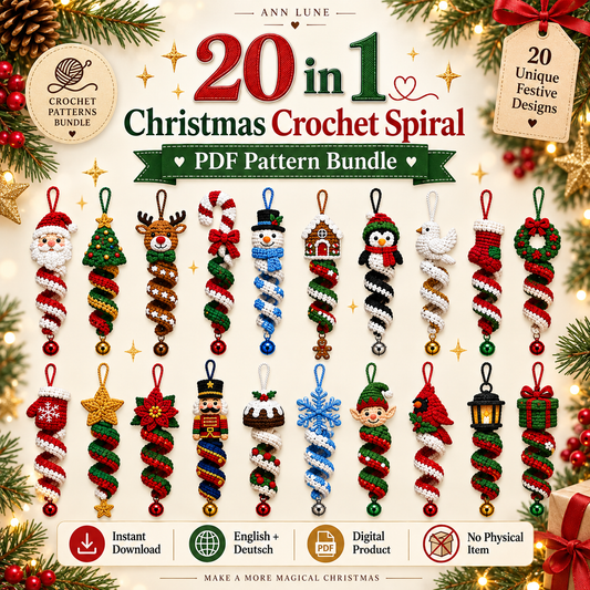 20 in 1 Christmas Crochet Spiral Pattern Bundle PDF – 20 Holiday Ornaments, English + Deutsch