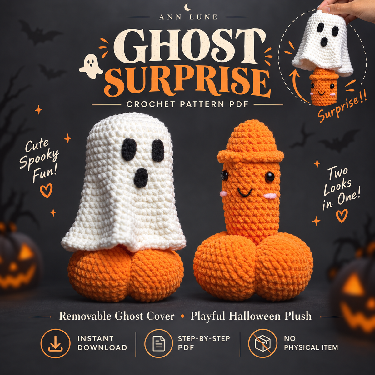 Ghost Surprise Crochet Pattern PDF – Funny Halloween Plush with Removable Ghost Cover