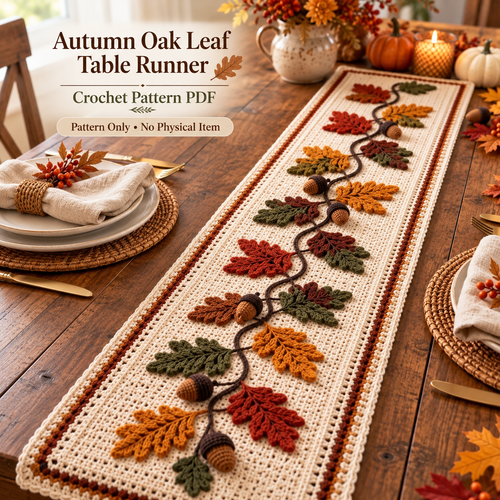 Autumn Oak Leaf Table Runner Crochet Pattern PDF – Fall Leaves & Acorn Table Decor