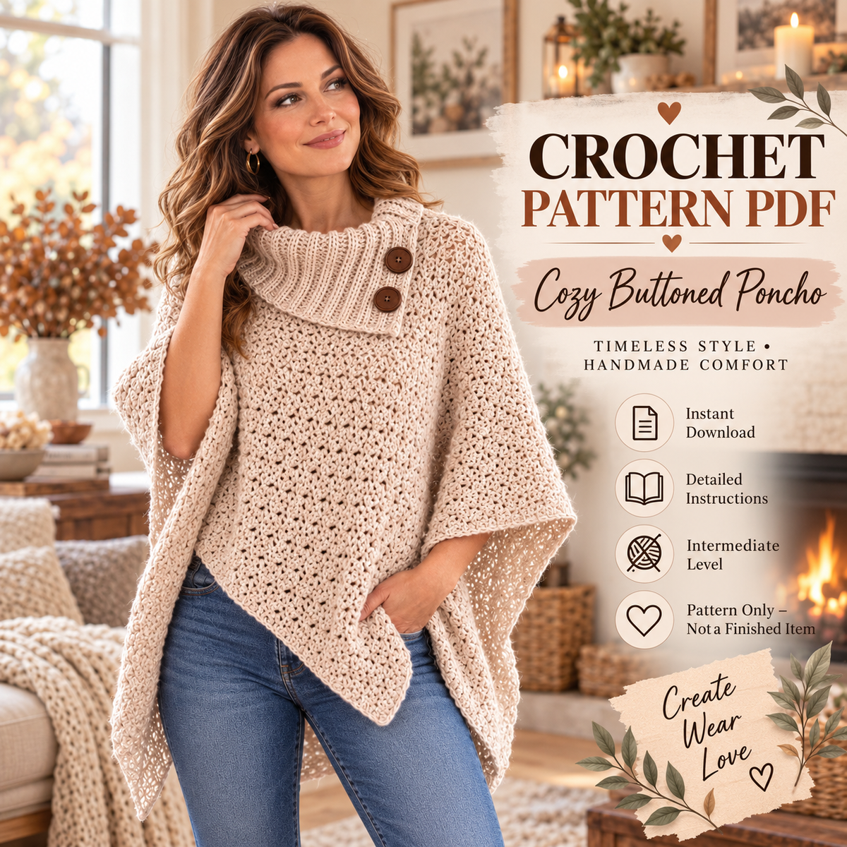 Cozy Buttoned Poncho Crochet Pattern PDF – Cowl Neck Crochet Wrap Pattern