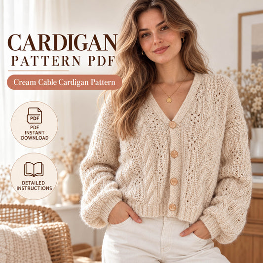 Cream Cable Knit Cardigan Pattern PDF – V-Neck Lace Cardigan