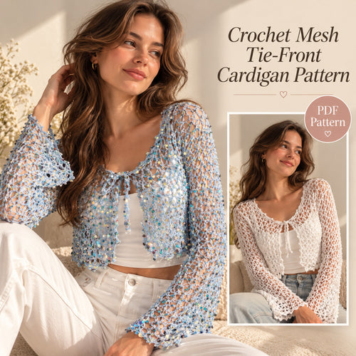 Crochet Mesh Tie-Front Cardigan Pattern PDF – Bell Sleeve Top
