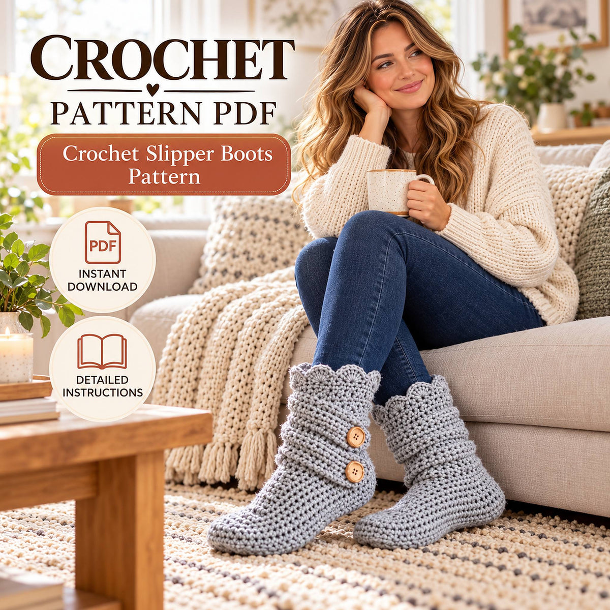 Crochet Slipper Boots Pattern PDF – Cozy Button Boots