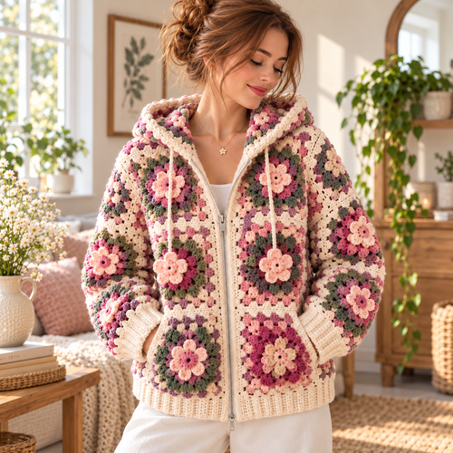 Floral Granny Square Zip Hoodie Crochet Pattern PDF | Flower Crochet Cardigan with Hood