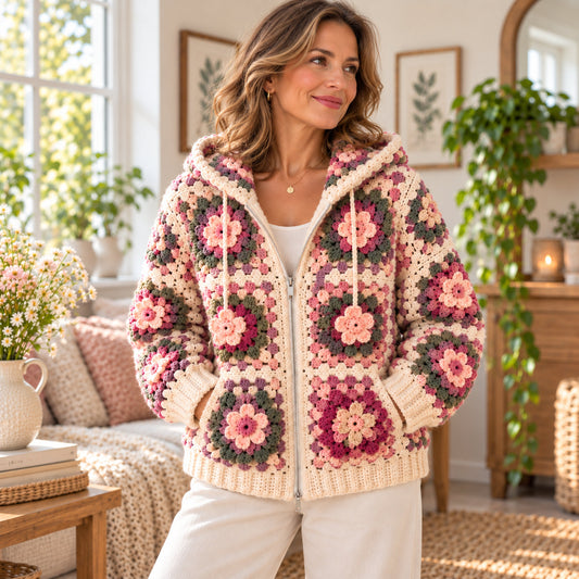 Floral Granny Square Zip Hoodie Crochet Pattern PDF | Flower Crochet Cardigan with Hood