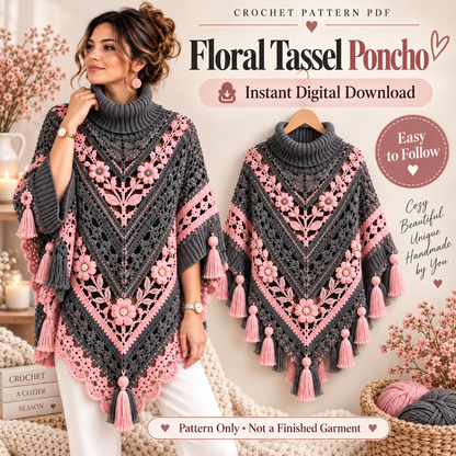 Floral Tassel Poncho Crochet Pattern PDF – Turtleneck Lace Poncho