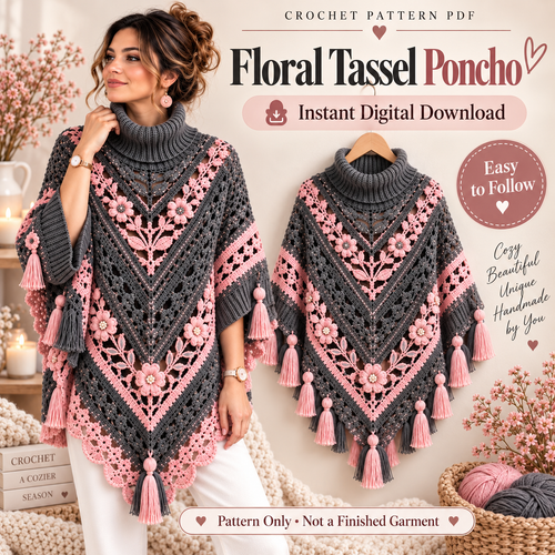 Floral Tassel Poncho Crochet Pattern PDF – Turtleneck Lace Poncho